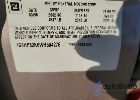 1998 Buick Lesabre Custom из США, поврежденный, VIN 1G4HP52K6WH504276